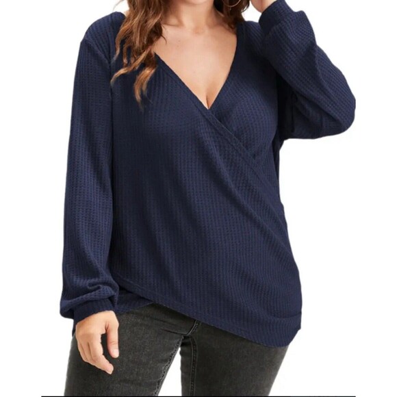 NWT Bloomchic Plus Sz 26 4X Blue Crossover Hem Waffle Knit Long Sleeve Top - Picture 3 of 15